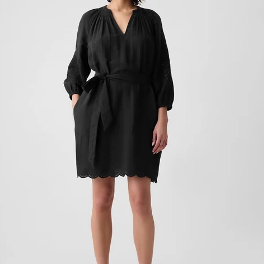 GAP Black Dress  Scalloped Hem Embroidered Sleeves Crinkle Gauze 100% Cotton XXL